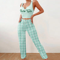 Spring Summer Women's Casual Pajamas Home Wear Vest Color Matching Plaid Trousers Letter Print Top Ladies 2 Pcs Home Clothes Sleepwear