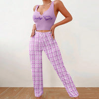 Spring Summer Women's Casual Pajamas Home Wear Vest Color Matching Plaid Trousers Letter Print Top Ladies 2 Pcs Home Clothes Sleepwear